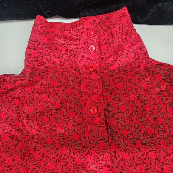 Ann Taylor Red Silk Button Up Top With High Band Collar Gathered VTG 1980s - Picture 2 of 6